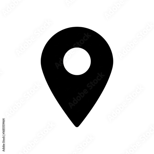 Solid black location pin icon with white circle, a minimalist map marker for GPS navigation, address, and point of interest.