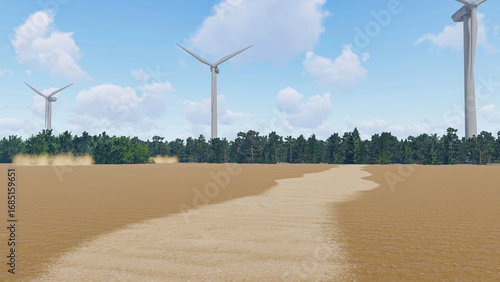 Several wind turbines generating electricity on flat field landscape under blue sky