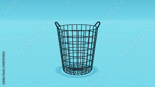 Black wire basket standing upright on a vibrant blue background perfect for household design storage concept and product illustration