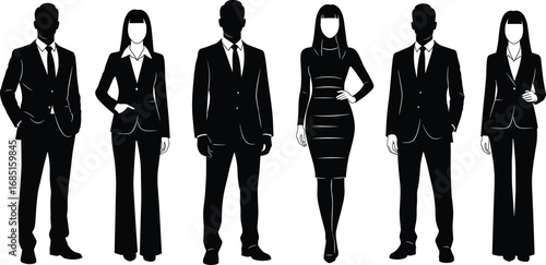 Business people silhouettes in professional formal attire, diverse male and female figures standing, corporate dress code, workplace, office, company team illustration