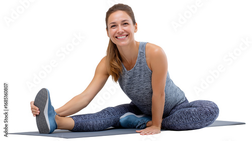 Smiling woman stretching on mat during yoga image isolated transparent. Daily workout, flexibility routine of athletic girl cut out photo png. Fitness enthusiasm cutout photography