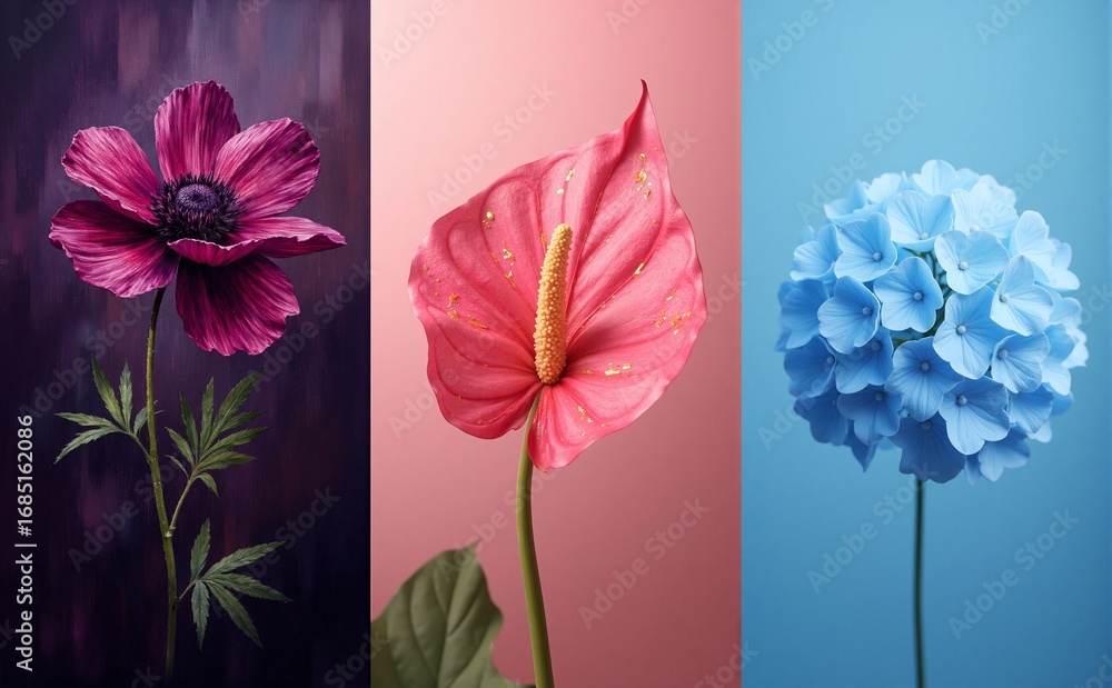 Obraz premium Vibrant fuchsia and orange anthurium blooms display against a textured, dark purple background, exhibiting smooth surfaces and organic shapes with a luxurious, close-up aesthetic.