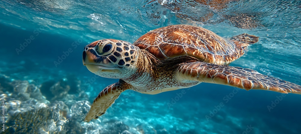 Fototapeta premium Sea turtle underwater swimming ocean life marine animal wildlife aquatic nature photography travel photo