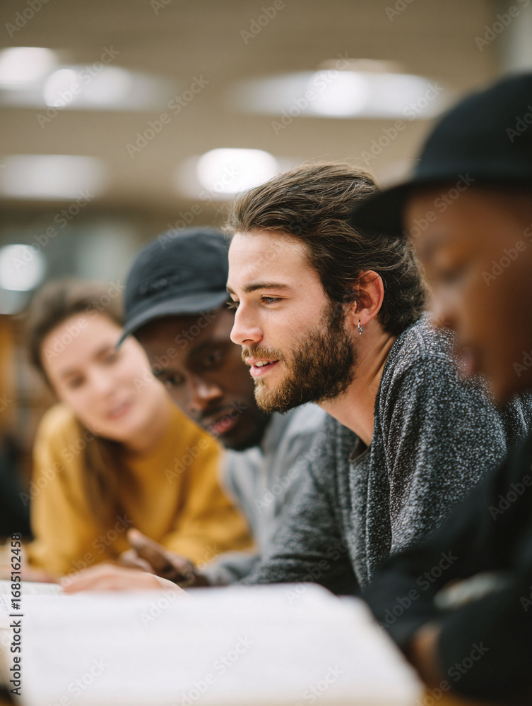 Fototapeta premium Diverse group studying together. Represents teamwork, collaboration, learning, and higher education. Ideal for illustrating academic success, research, or knowledge sharing.