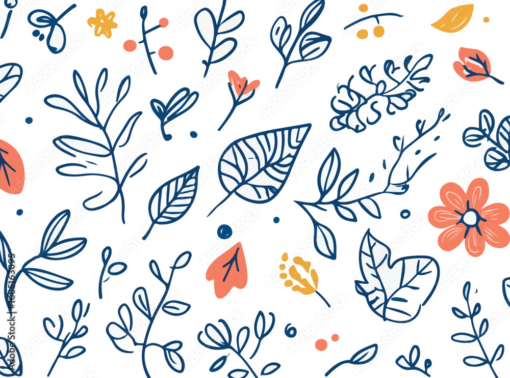 Obraz premium Whimsical hand drawn botanical elements featuring delicate leaves and flowers on a white background
