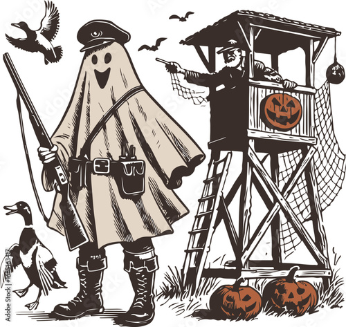 Halloween Duck Hunting Ghost – Spooky Hunter in Ghost Costume with Shotgun and Ducks, Vintage Halloween Scene with Pumpkin and Watchtower