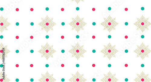 Vibrant geometric seamless pattern with pink and teal polka dots and gold diamond motifs on white background. Modern abstract design.