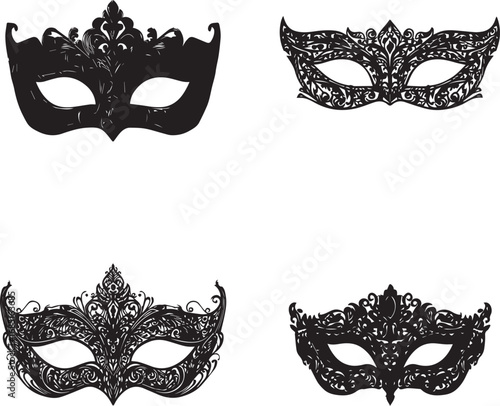 Four ornate black masquerade masks isolated on white background
