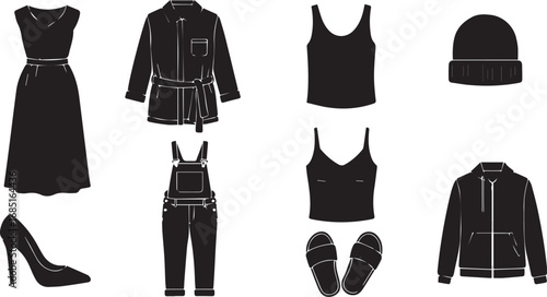 Array of Black Silhouettes of Women's Clothing and Footwear on White dress shirt