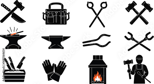 Black Silhouette Icons of Blacksmithing Tools and Equipment forge anvil