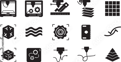 Collection of 3D printing and manufacturing icons in a grid layout 3D printer additive manufacturing