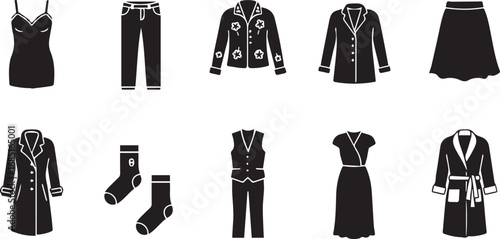 Collection of black clothing icons including dresses skirts and outerwear