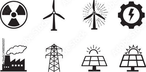 Collection Of Energy Icons Including Wind Solar Nuclear Factory And Power Line electricity renewable