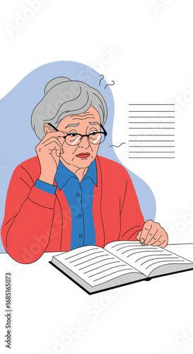 Wallpaper Mural Elderly woman struggling to read a book with poor vision and difficulty understanding content Torontodigital.ca