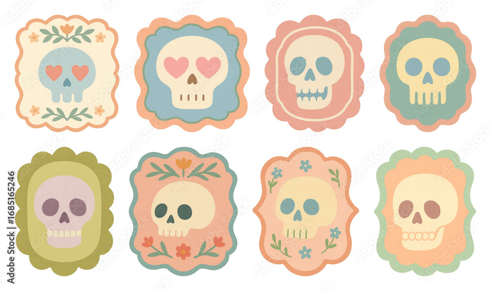 Obraz premium PNG Colorful skull illustrations with floral designs, element set on transparent background
