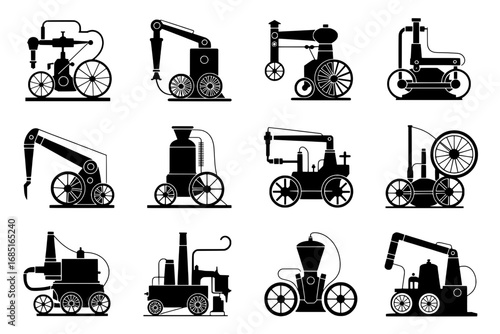 Twelve Vintage Steam-Powered Vehicle Icons: Black Silhouette Illustrations on White Background