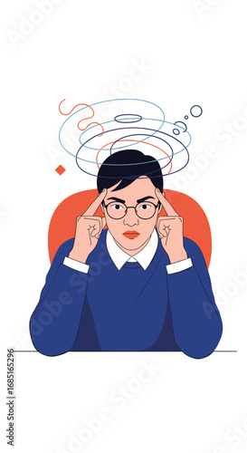 Confused person adjusting glasses surrounded by swirling lines indicating mental chaos and overthinking thoughts