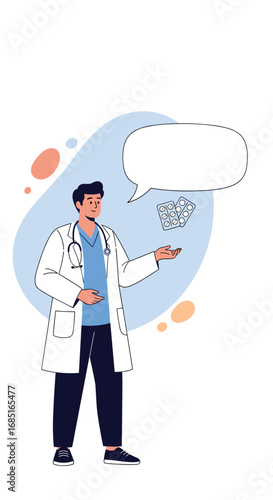 Skilled medical professional wearing a white lab coat explaining health information with a speech bubble