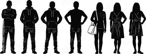 Silhouettes of diverse men and women in various standing poses, fashion styles, and postures for creative design and vector illustration use