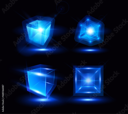 Energy glow cube block vector designs set, shiny blue neon 3D square shape, high tech cyber matrix box with shadow