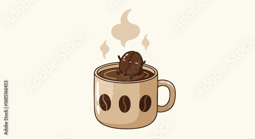 A cute cartoon coffee bean happily soaks in a steaming mug of hot coffee, radiating warmth and comfort