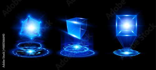 Energy glow round virtual neon cube projection vector designs set, shiny blue circle from and 3D square shape, high tech