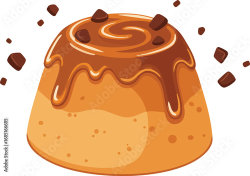 A tempting cartoon sweet bun with rich, dripping caramel glaze and scattered chocolate chips