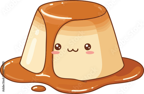 Adorable cartoon flan dessert with a cute smiling face and caramel sauce