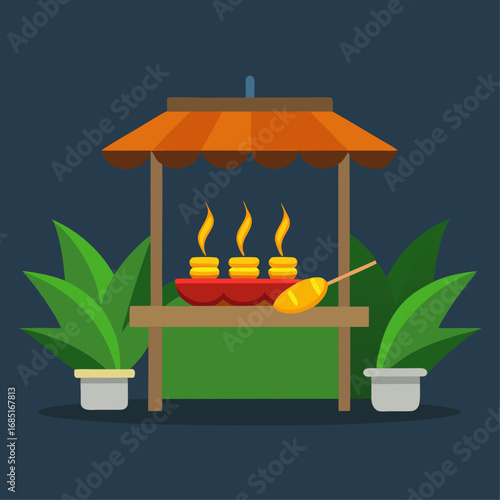 A cartoonish drawing of a food stand with a grill and a fire. The fire is orange and yellow, and the grill is full of food. The stand is surrounded by green leaves