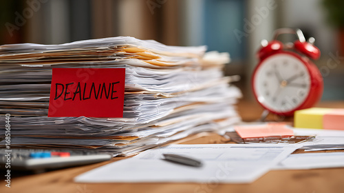 A desk cluttered with paperwork with a bright red deadline marked on the calendar (3)