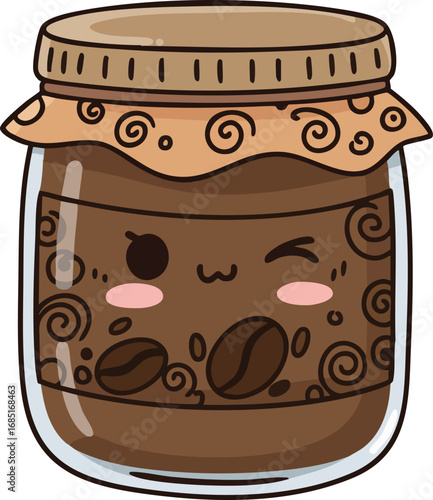 Kawaii Coffee Jar illustration. Features a cute, winking jar with coffee beans