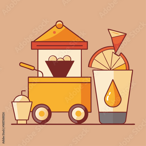 A cartoon drawing of a food cart with a Starbucks coffee cup and a plate of nachos