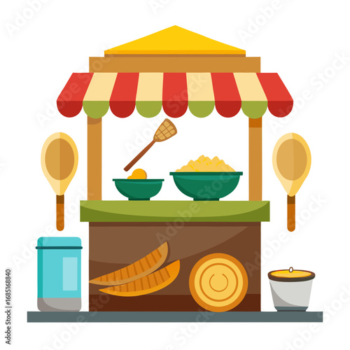 A food stand with a variety of food items including bananas, bowls, and a spoon. Concept of abundance and variety, inviting the viewer to explore the different food options available