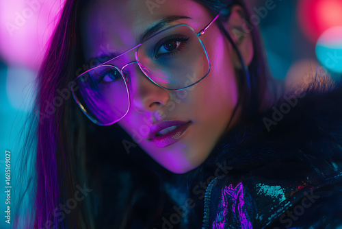 Cyberpunk neon portrait of a stylish woman 