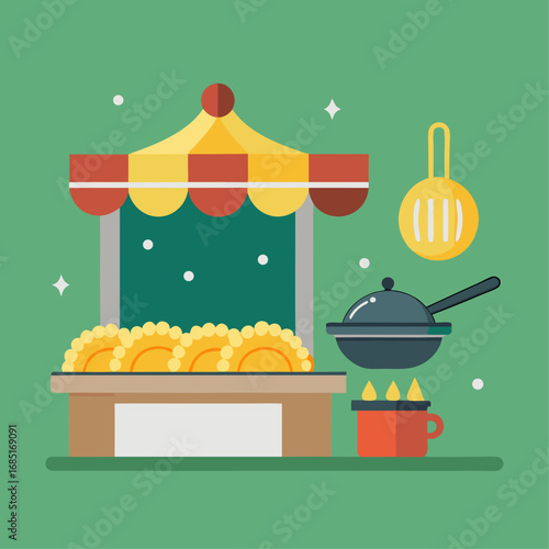 A food stand with a canopy and a pan on top of it. The pan is black and the canopy is yellow and red