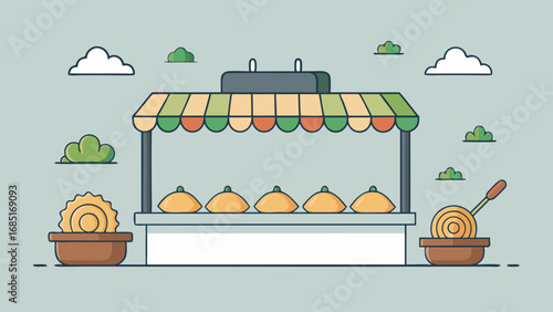 A food stand with a canopy and a pan on top of it. The pan is black and the canopy is yellow and red