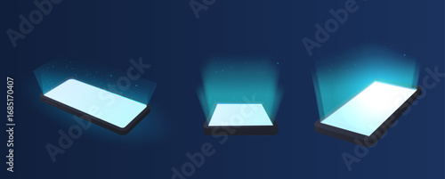 Smartphone with white glowing screen view from different angles, realistic 3D gadget device luminous display vector set
