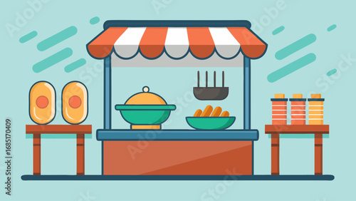 A food stand with a red and yellow awning. The stand has a variety of food items, including bowls and plates