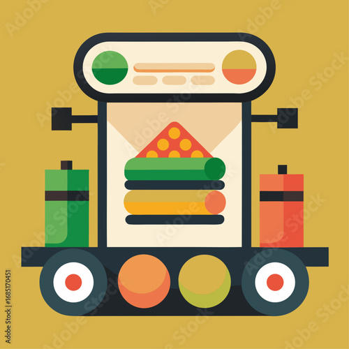 A food truck with a pizza and a hamburger on it. The truck is on a conveyor belt