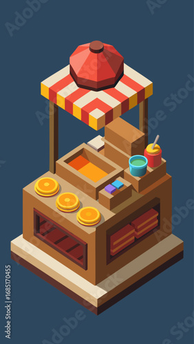 A cartoon drawing of a food stand with a cup of tea and a plate of oranges. The oranges are cut into slices and are displayed on a table. The scene has a cozy and inviting atmosphere