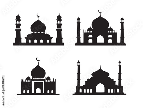 Beautiful Mosque Silhouette Vector Icon Set For Culture