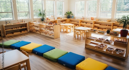 Photo of bright and spacious montessori classroom filled with wooden shelves, tables, and colorful cushions, creating an inviting and stimulating environment for early childhood education and learning