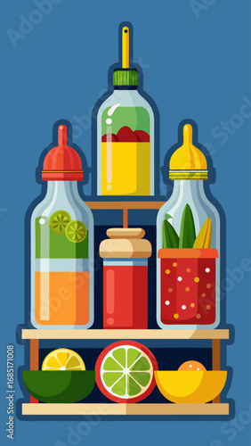 A shelf with condiments and a bottle with a check mark on it. The shelf is blue and the condiments are in various colors
