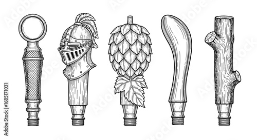 Vintage beer tap handles illustration in black and white