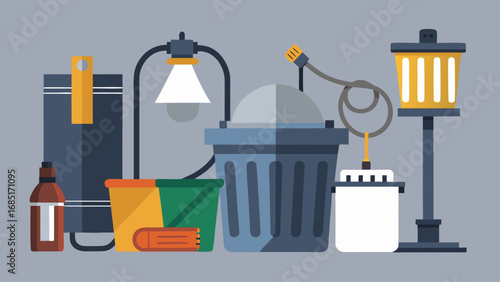 A collection of objects including a trash can, a beaker, a bottle, and a light fixture
