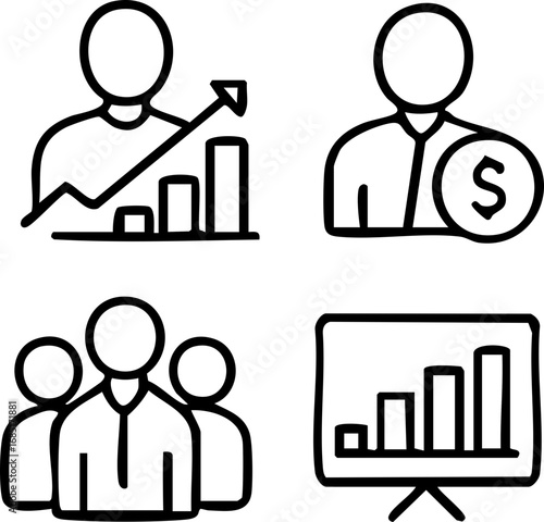 Minimalist vector icons: business growth, finance, team, presentation. Modern style.