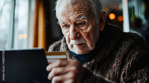 An elderly man is seen holding a credit card while using a laptop, symbolizing the vulnerability of seniors to online scams