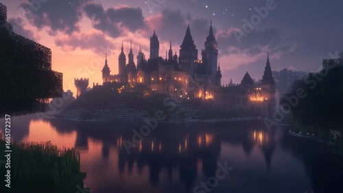 Wallpaper Mural Enchanting pixel art medieval castle reflected on calm water at twilight dusk Torontodigital.ca
