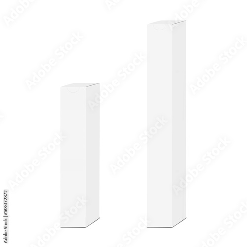 White blank tall narrow perforated paperboard box. 3d mockup. Tear perforation cardboard container packaging. Realistic vector mock-up. Easy opening carton package. Template for design