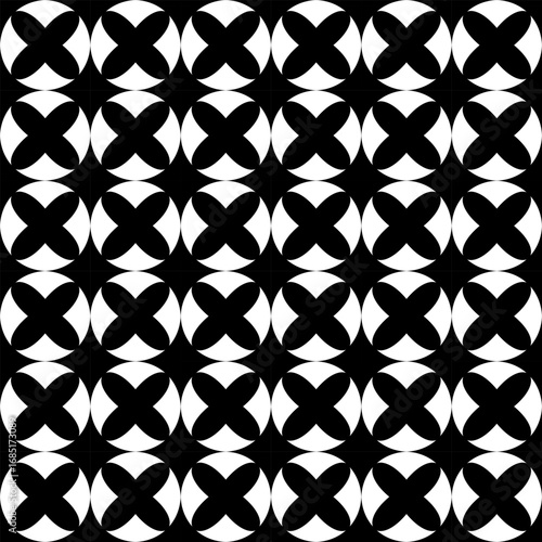 Seamless square pattern featuring black and white cells with circles and morning star shapes. Elegant geometric design for fabrics, wallpapers, packaging, and abstract decorative projects.
